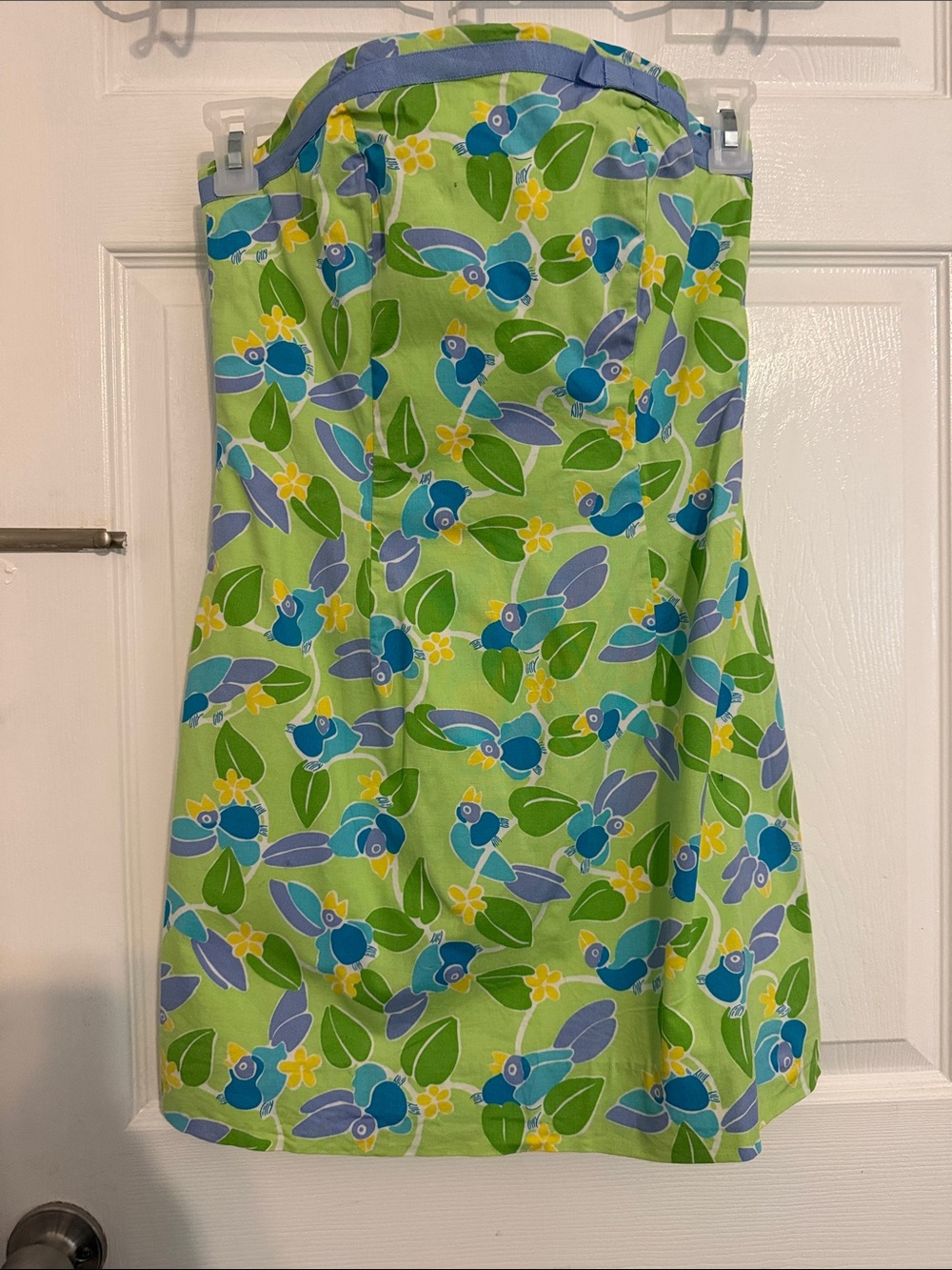 Very Vintage Lilly Pulitzer Strapless Green Floral & Blue Bird Print Dress